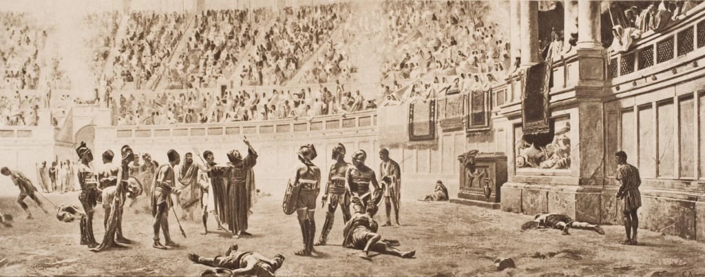 Il Monk Almachius che cerca di fermare il Combattimento Gladiatoriale, illustrazione da La Struttura della Storia di HG Wells, volume II, pubblicata nel 1920